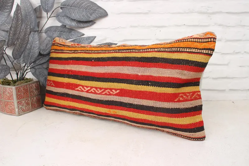 Ethnical Kilim Rug Pillow, Vintage Pillow, 12x24 Red Pillow, Custom Cushion, Turkish Pillow, Cushion Case, Neutral Throw Cushion - 4
