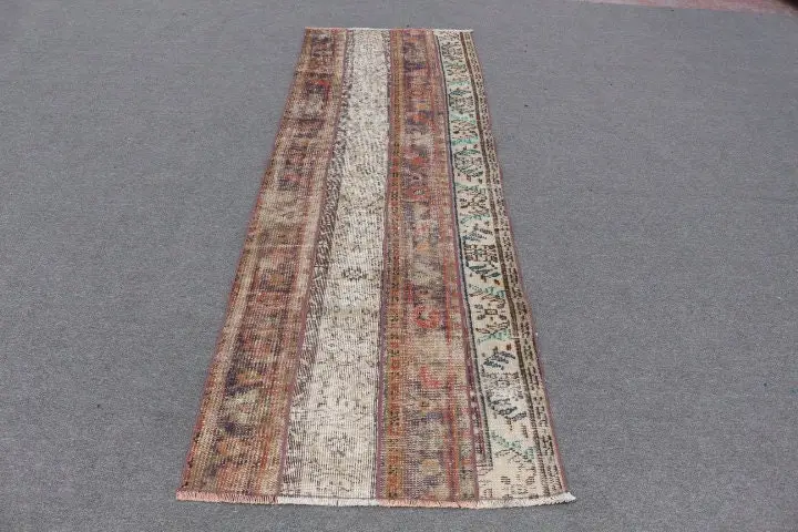 Vintage Runner Rug 2.8x8.4 ft (85x256 cm), Turkish Brown Floral Wool Rug - 1