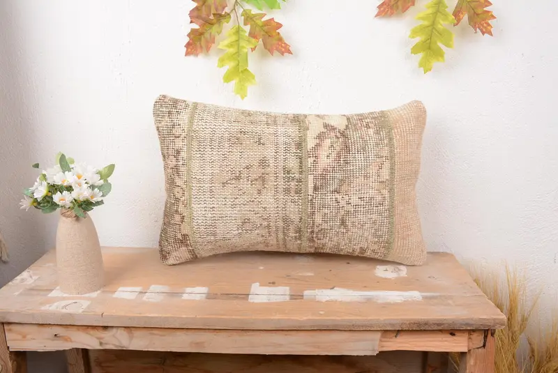 Embroidered Beige & Brown Pillow, 12x20 Handmade Throw Pillow