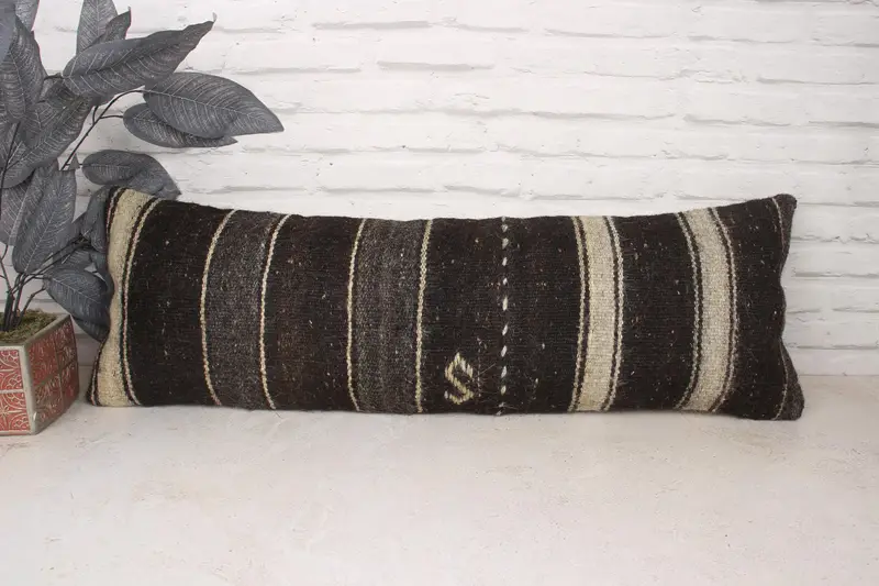 Boho Pillow Sham Cover, Ethnical Kilim Rug Pillow, Kilim Pillow, Cushion, Turkish Corner Pillow Case, 12x36 Brown Cushion Case - 1
