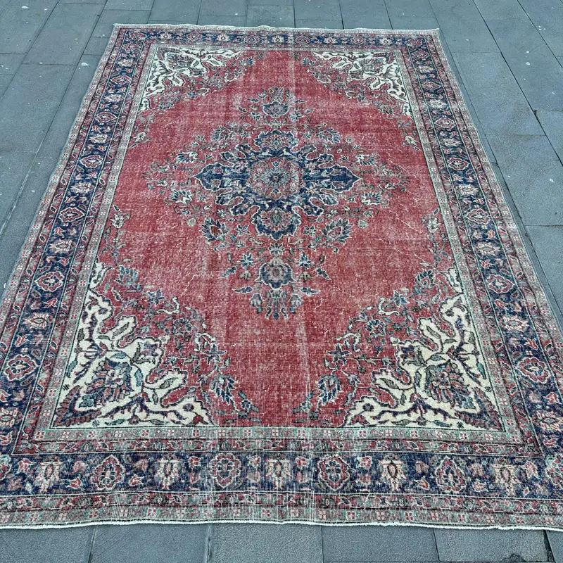 6.5x9.7 ft Large Vintage Rug, Red Bordered Turkish Rug - 1