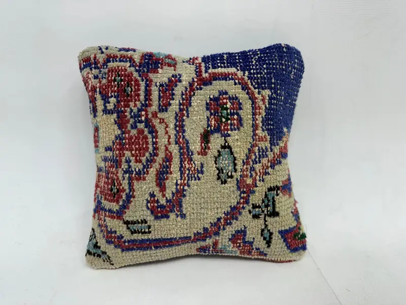 Blue & Beige Southwestern Embroidered Pillow, 12x12 Inch Decorative Pillow - 1