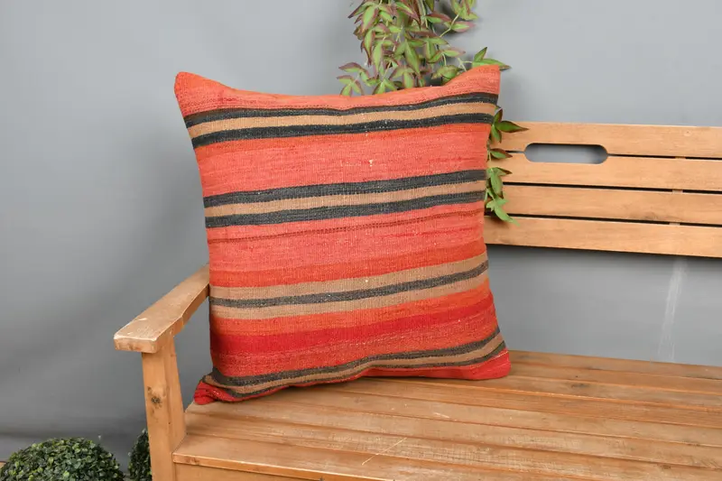 Red & Gray Striped Decorative Pillow, 24x24 Inch Size Pillow - 1