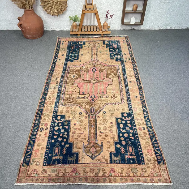 Brown & Blue Abstract Rug, 4.4x9 ft Chic Decor