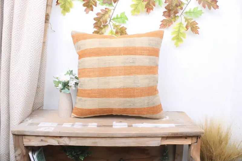 18x18 Orange Pillow Sham, Cushion Case, Accent Pillow, Pillow for Couch, Boho Pillow Sham Cover, Kilim Cushion Sham - 1