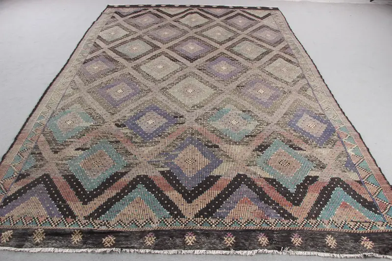 Yeşil ve Mor Halı, 7,4x11,5 ft Botanik Tasarım