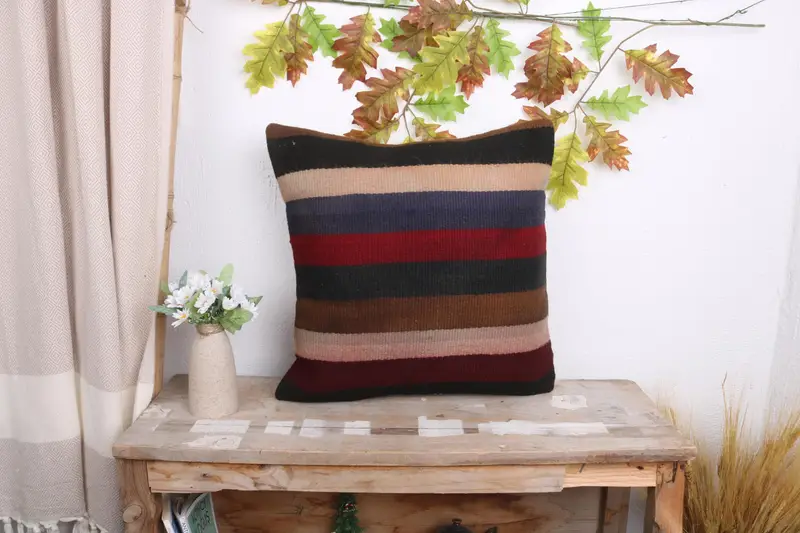 18x18 Brown Cushion, Antique Pillows, Designer Throw Pillow, Turkish Kilim Pillow, Aztec Cushion Case, Kilim Cushion Sham, Pillow Sham - 1