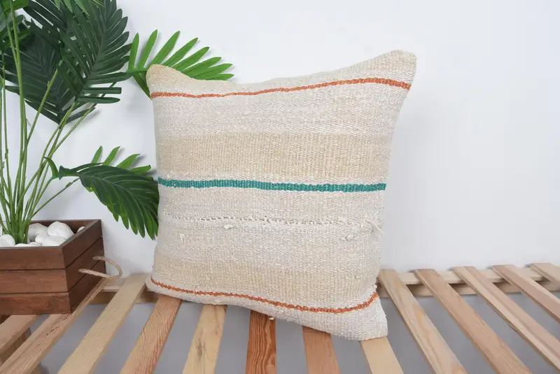 Turkish Kilim Pillow, Armchair Pillow Cover, Boho Pillow Sham Cover, Colorful Cushion, Pillow Sham, 20x20 Beige Pillow, Kilim Cushion Sham - 5