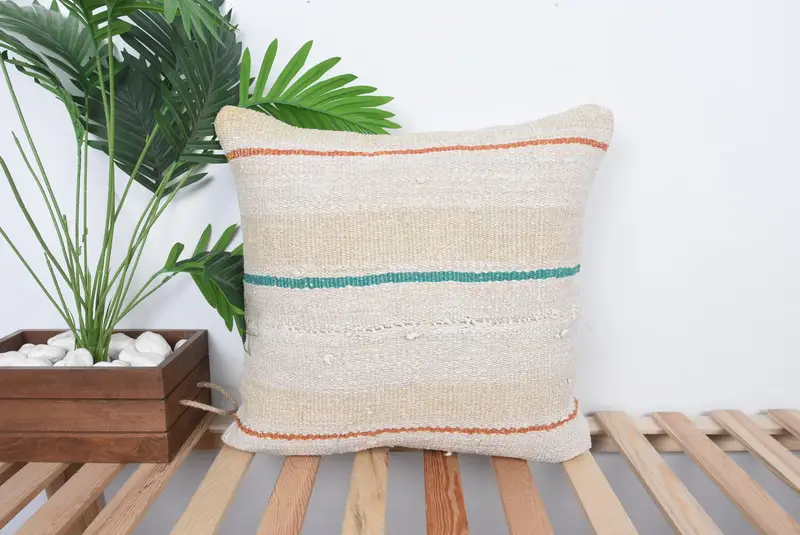 Turkish Kilim Pillow, Armchair Pillow Cover, Boho Pillow Sham Cover, Colorful Cushion, Pillow Sham, 20x20 Beige Pillow, Kilim Cushion Sham - 1