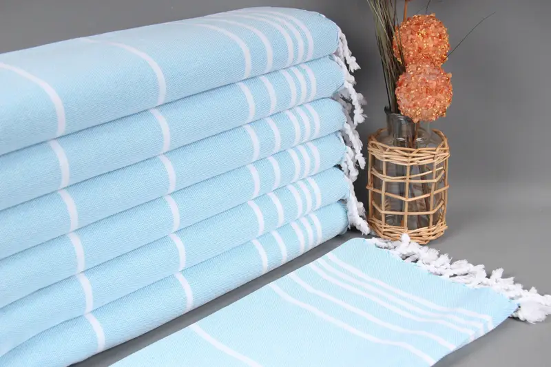 Personalized Turkish Hand Towel Turquoise Striped, Organic Cotton, 18x38 Inches
