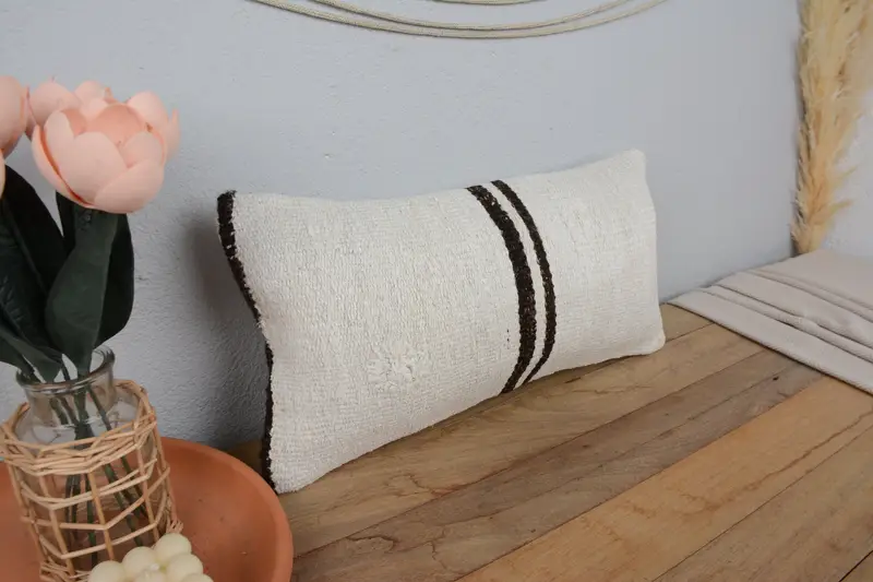 Vintage Kilim Pillow, Boho Chic Pillow Case, Cushion Case, Bench Pillow, Throw Kilim Pillow, Boho Pillow Sham Cover, 10x20 White Cushion Cover - 1