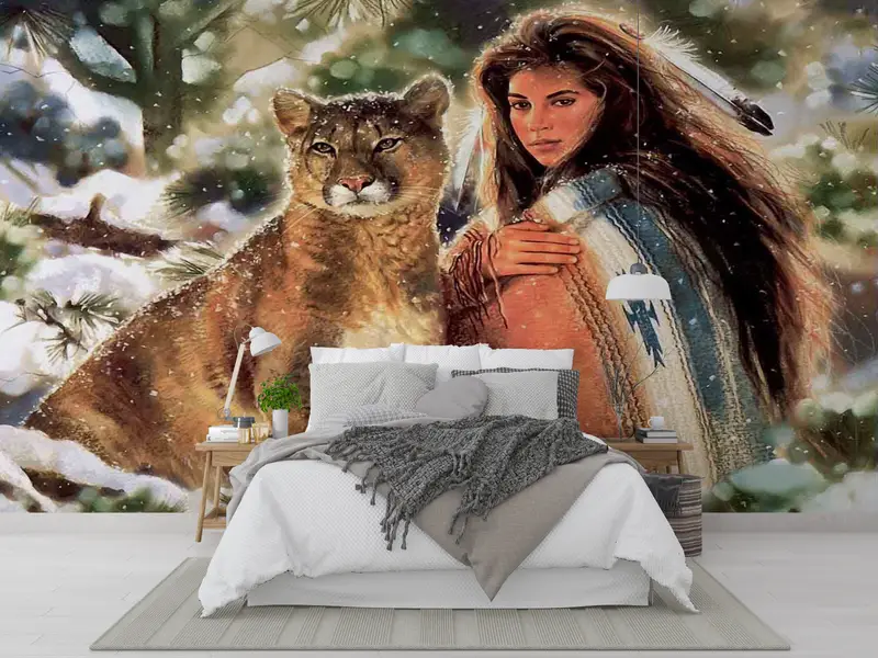 Native Woman And Big Cat, American Woman Wall Print, Abstract Wall Poster, Native Woman Wall Poster, Woman And Lion Wall Mural, - 6