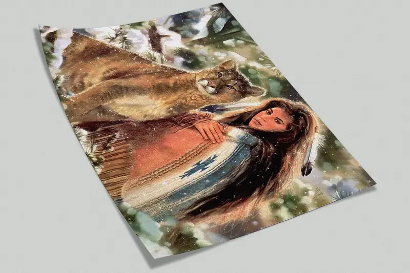 Native Woman And Big Cat, American Woman Wall Print, Abstract Wall Poster, Native Woman Wall Poster, Woman And Lion Wall Mural, - 8