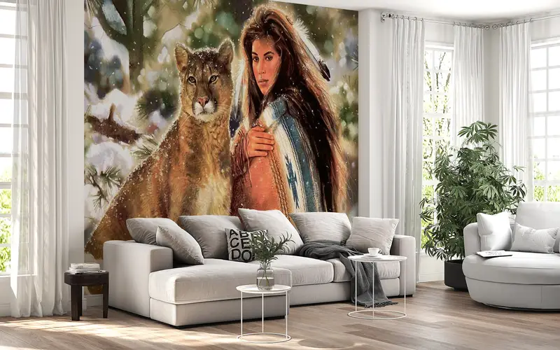 Native Woman And Big Cat, American Woman Wall Print, Abstract Wall Poster, Native Woman Wall Poster, Woman And Lion Wall Mural, - 4