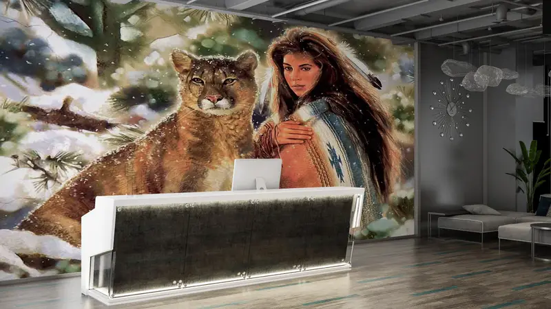 Native Woman And Big Cat, American Woman Wall Print, Abstract Wall Poster, Native Woman Wall Poster, Woman And Lion Wall Mural, - 5