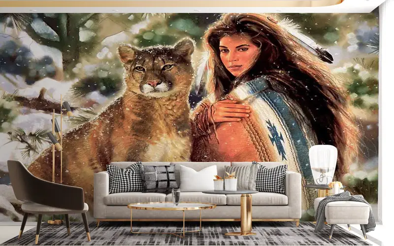 Native Woman And Big Cat, American Woman Wall Print, Abstract Wall Poster, Native Woman Wall Poster, Woman And Lion Wall Mural, - 2