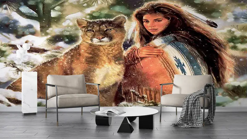 Native Woman And Big Cat, American Woman Wall Print, Abstract Wall Poster, Native Woman Wall Poster, Woman And Lion Wall Mural, - 3