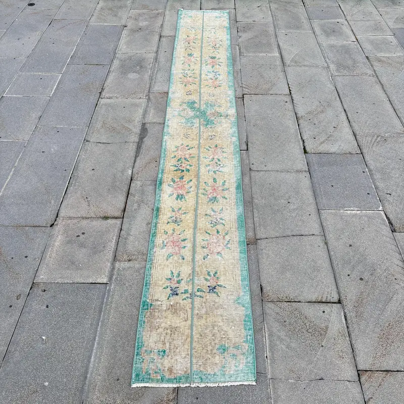 エレガントなベージュ&グリーンラグ、1.4x10.2フィート花柄&幾何学模様