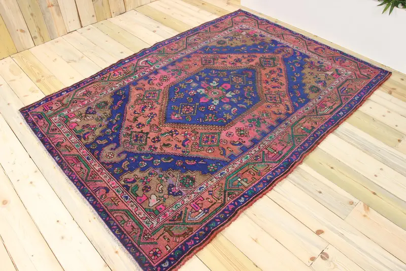 Türk 4.7x6.6 ft Alan Halısı, Vintage Halı, Oushak Mavi Çiçekli Halı - 1