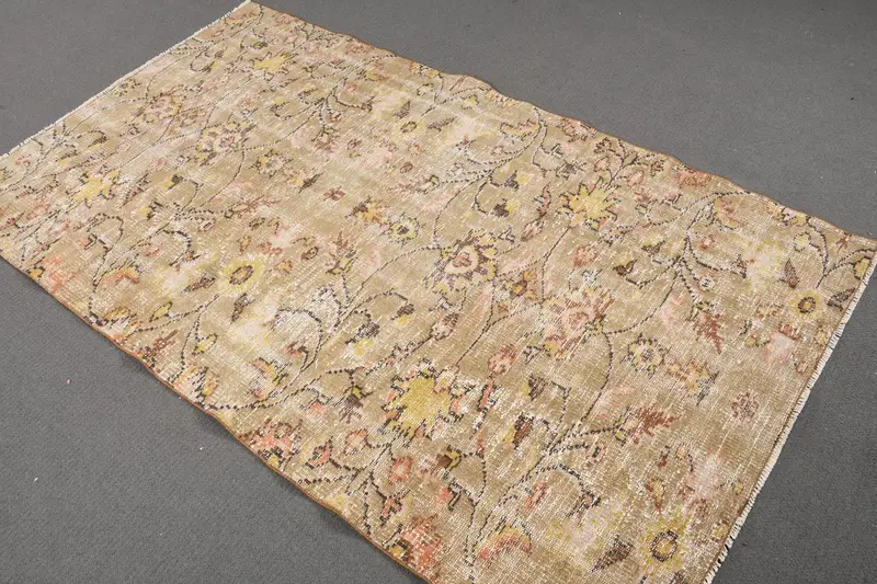 Turkish Vintage Rug, 3.9x6.8 ft Area Rug, Brown Yellow Floral Rug - 1