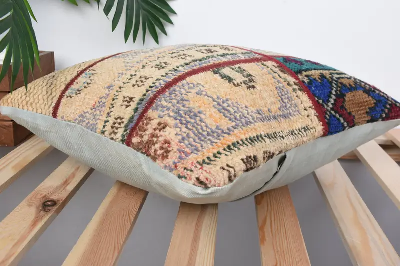 Vintage Kilim Pillow, 16x16 Beige Cushion, Ethnical Kilim Rug Pillow, Wool Kilim Pillow Pillow Cover, Boho Pillow Sham Cover, Pillow Cover - 6