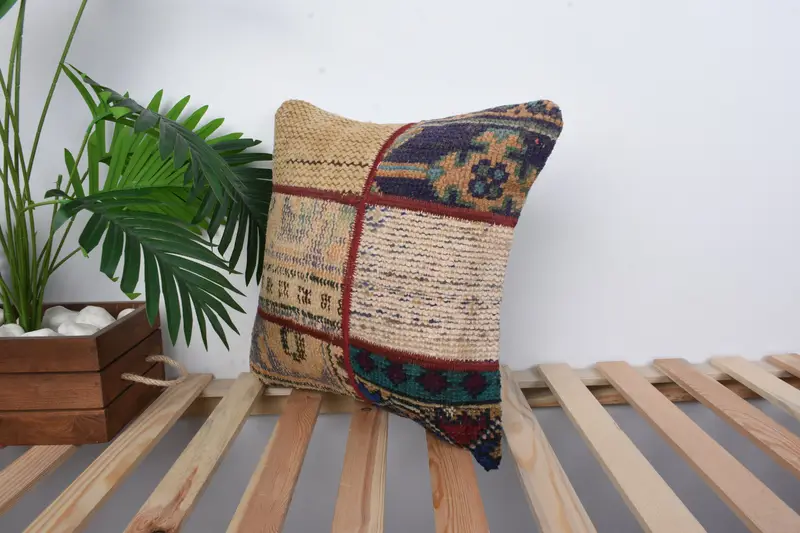 Vintage Kilim Pillow, 16x16 Beige Cushion, Ethnical Kilim Rug Pillow, Wool Kilim Pillow Pillow Cover, Boho Pillow Sham Cover, Pillow Cover - 4