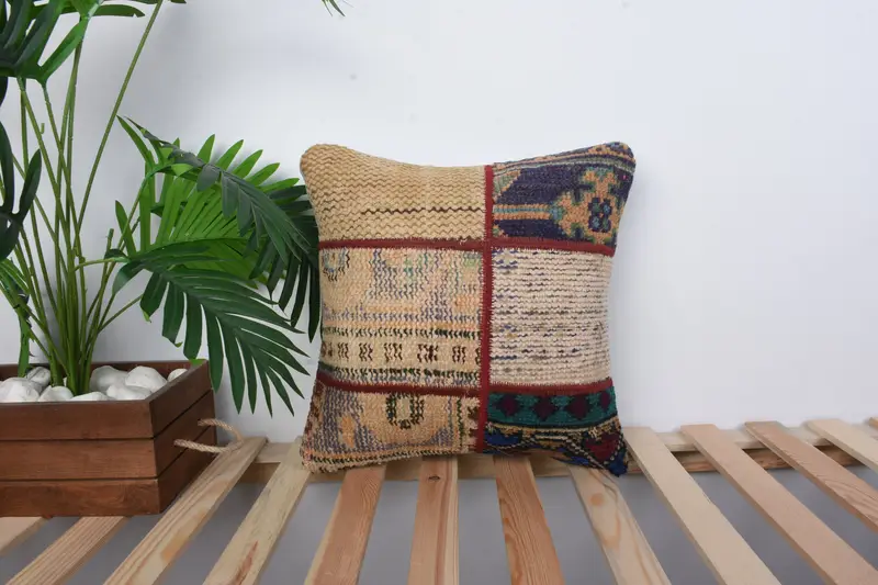 Vintage Kilim Pillow, 16x16 Beige Cushion, Ethnical Kilim Rug Pillow, Wool Kilim Pillow Pillow Cover, Boho Pillow Sham Cover, Pillow Cover - 1