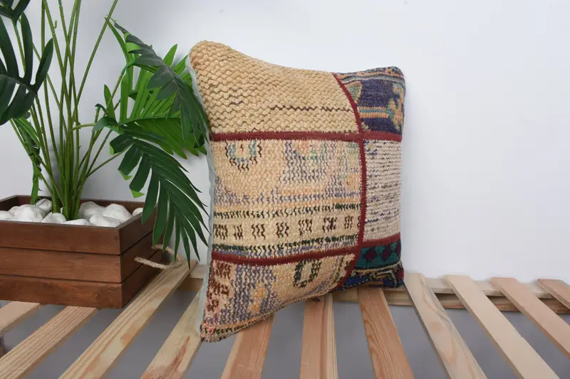 Vintage Kilim Pillow, 16x16 Beige Cushion, Ethnical Kilim Rug Pillow, Wool Kilim Pillow Pillow Cover, Boho Pillow Sham Cover, Pillow Cover - 5