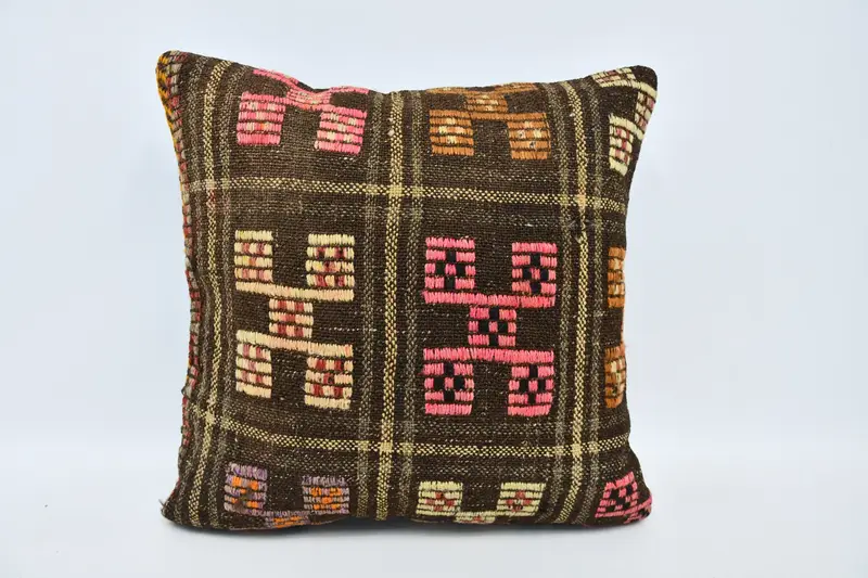 Throw Kilim Pillow, Boho Pillow, Art Deco Pillow Cover, Pillow Cover, Authentic Pillow Case, 20x20 Brown Pillow, Cotton Pillow Case, Antique Pillows - 1