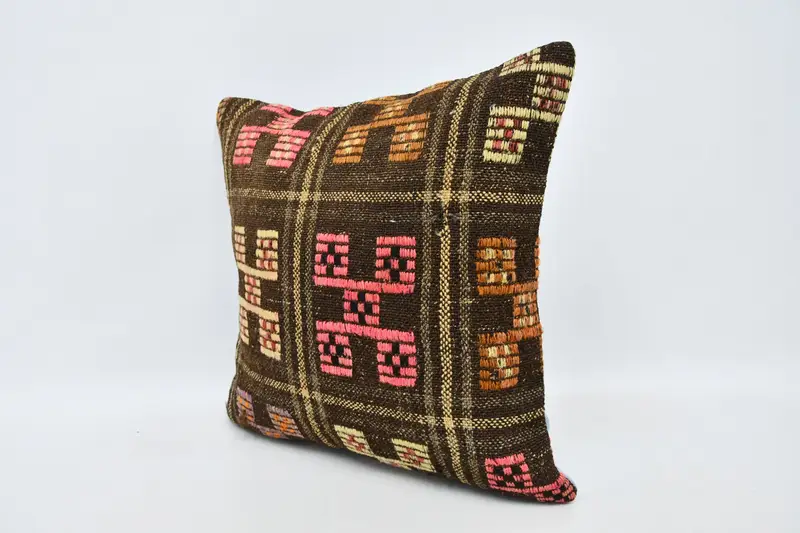 Throw Kilim Pillow, Boho Pillow, Art Deco Pillow Cover, Pillow Cover, Authentic Pillow Case, 20x20 Brown Pillow, Cotton Pillow Case, Antique Pillows - 4