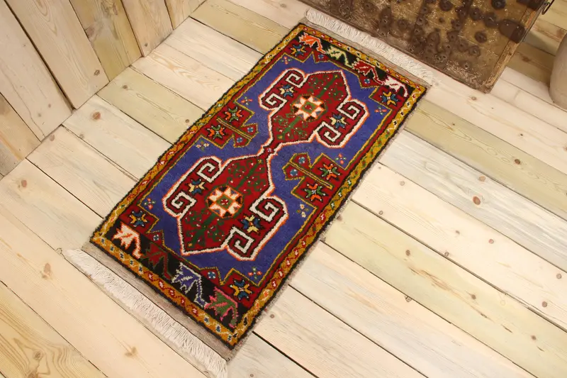 1.6x3.3 ft Vintage Halı, Türk Küçük Halısı, Mavi Kırmızı Ombré Halı - 1
