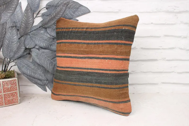 Pattern Throw Pillow, Interior Designer Pillow, Pillow Sham, 14x14 Brown Pillow Sham, Ethnical Kilim Rug Pillow, Boho Pillow Sham Cover - 4