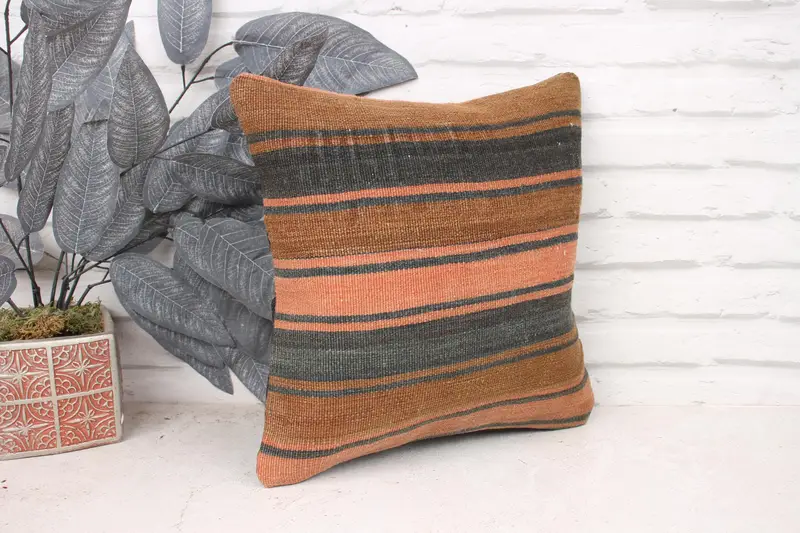 Pattern Throw Pillow, Interior Designer Pillow, Pillow Sham, 14x14 Brown Pillow Sham, Ethnical Kilim Rug Pillow, Boho Pillow Sham Cover - 3