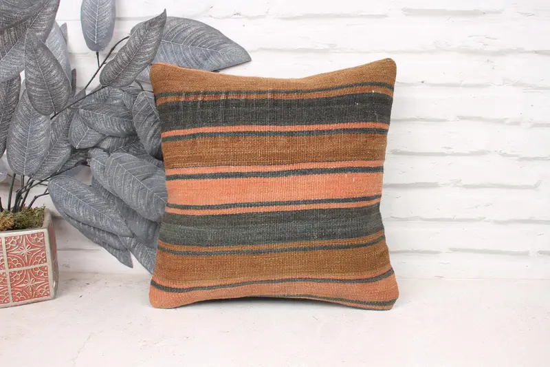 Pattern Throw Pillow, Interior Designer Pillow, Pillow Sham, 14x14 Brown Pillow Sham, Ethnical Kilim Rug Pillow, Boho Pillow Sham Cover - 1