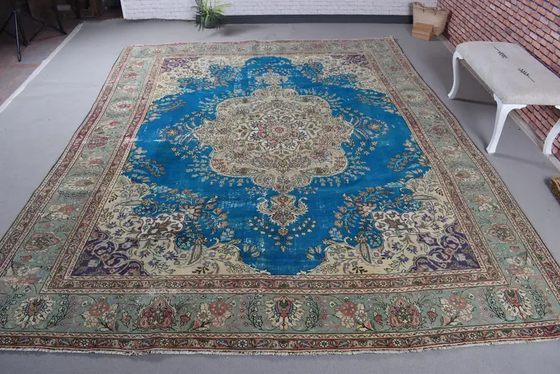 Mavi İkat Halı, Yeşil Desenli 9,7x11,8 ft