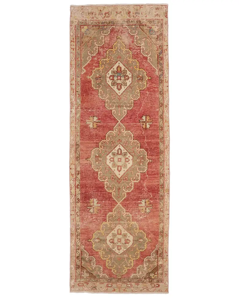 Red Ikat Rug, 3,2x9,3 ft with Green Accents
