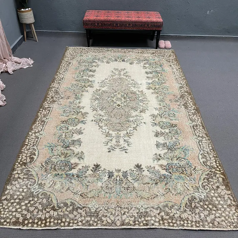 Turkish Large Rug 5.7x9.7 ft, Brown Blue Bordered Rug Wool - 1
