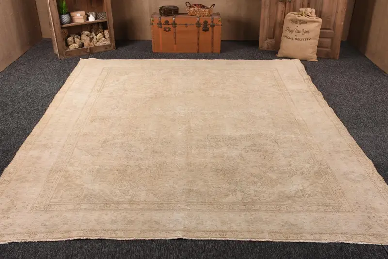 Türk Oushak Halı 9.5x12.5 ft, Bej Kahverengi Çiçekli Yün Vintage Halı - 1