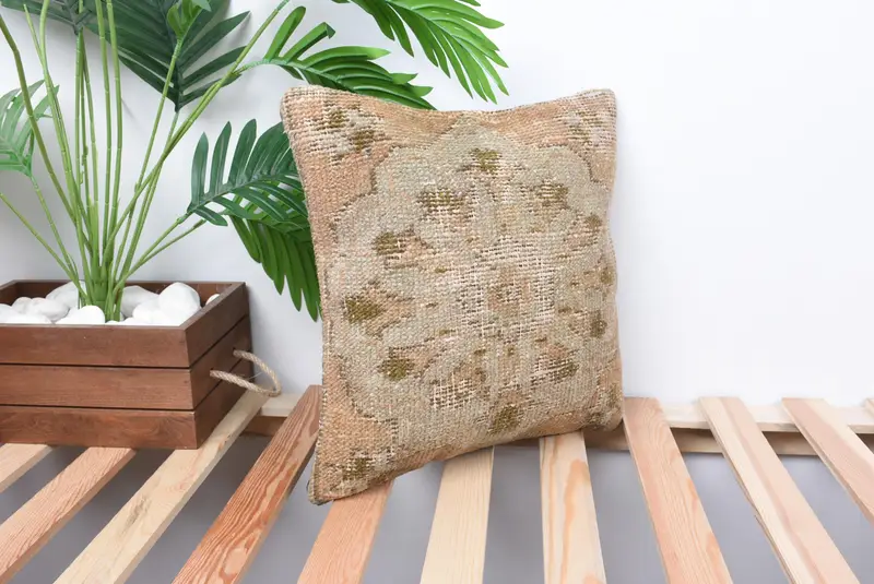 14x14 Beige Pillow Case, Antique Pillows, Handmade Kilim Cushion, Pillow Cover, Natural Cushion Cover, Vintage Pillow, Pastel Cushion Case - 4