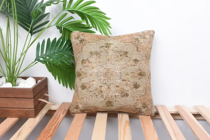 14x14 Beige Pillow Case, Antique Pillows, Handmade Kilim Cushion, Pillow Cover, Natural Cushion Cover, Vintage Pillow, Pastel Cushion Case - 1