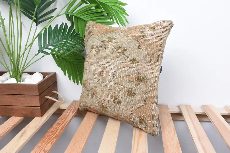 14x14 Beige Pillow Case, Antique Pillows, Handmade Kilim Cushion, Pillow Cover, Natural Cushion Cover, Vintage Pillow, Pastel Cushion Case - 5