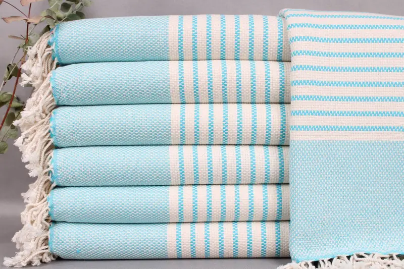 Turkish Towel Turquoise-Natural Peshtemal Striped, 40x75 Inches