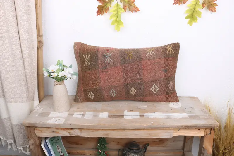 Gift Pillow, Nomadic Cushion, Cushion Cover, Handmade Kilim Cushion, Turkish Corner Cushion Cover, 12x20 Brown Pillow, Vintage Kilim Pillow - 1