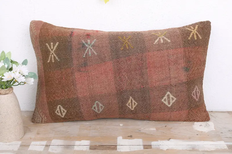 Gift Pillow, Nomadic Cushion, Cushion Cover, Handmade Kilim Cushion, Turkish Corner Cushion Cover, 12x20 Brown Pillow, Vintage Kilim Pillow - 2