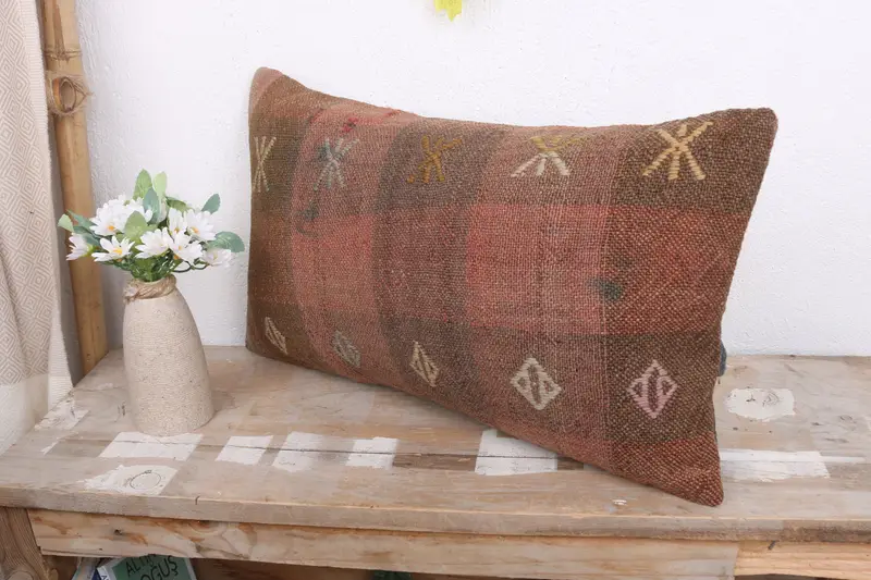 Gift Pillow, Nomadic Cushion, Cushion Cover, Handmade Kilim Cushion, Turkish Corner Cushion Cover, 12x20 Brown Pillow, Vintage Kilim Pillow - 4