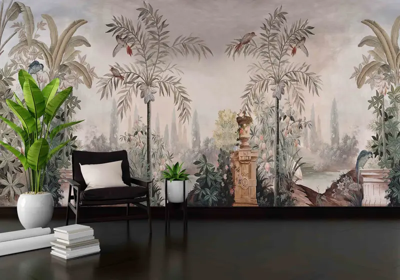 Stylish 3D Wallpaper, Botanical Wall Art, Bird Garden Wall Mural, View Wall Mural, Panoramic Landscape Wall Mural, Housewarming Gift, - 2