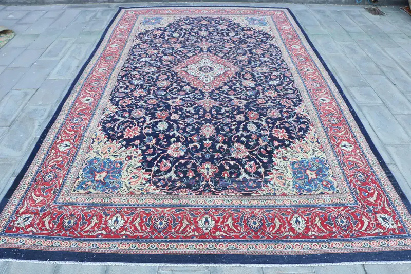 Turkish Rug, Oversize 9.5x15.8 ft Rug, Oushak Blue Polka dot Rug - 1