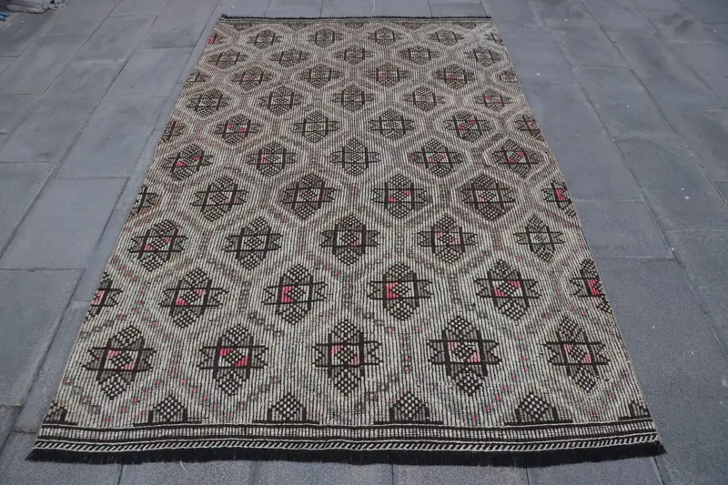 4.8x7.8 ft Turkish Kilim Rug, Brown Camouflage Vintage Wool Rug - 1