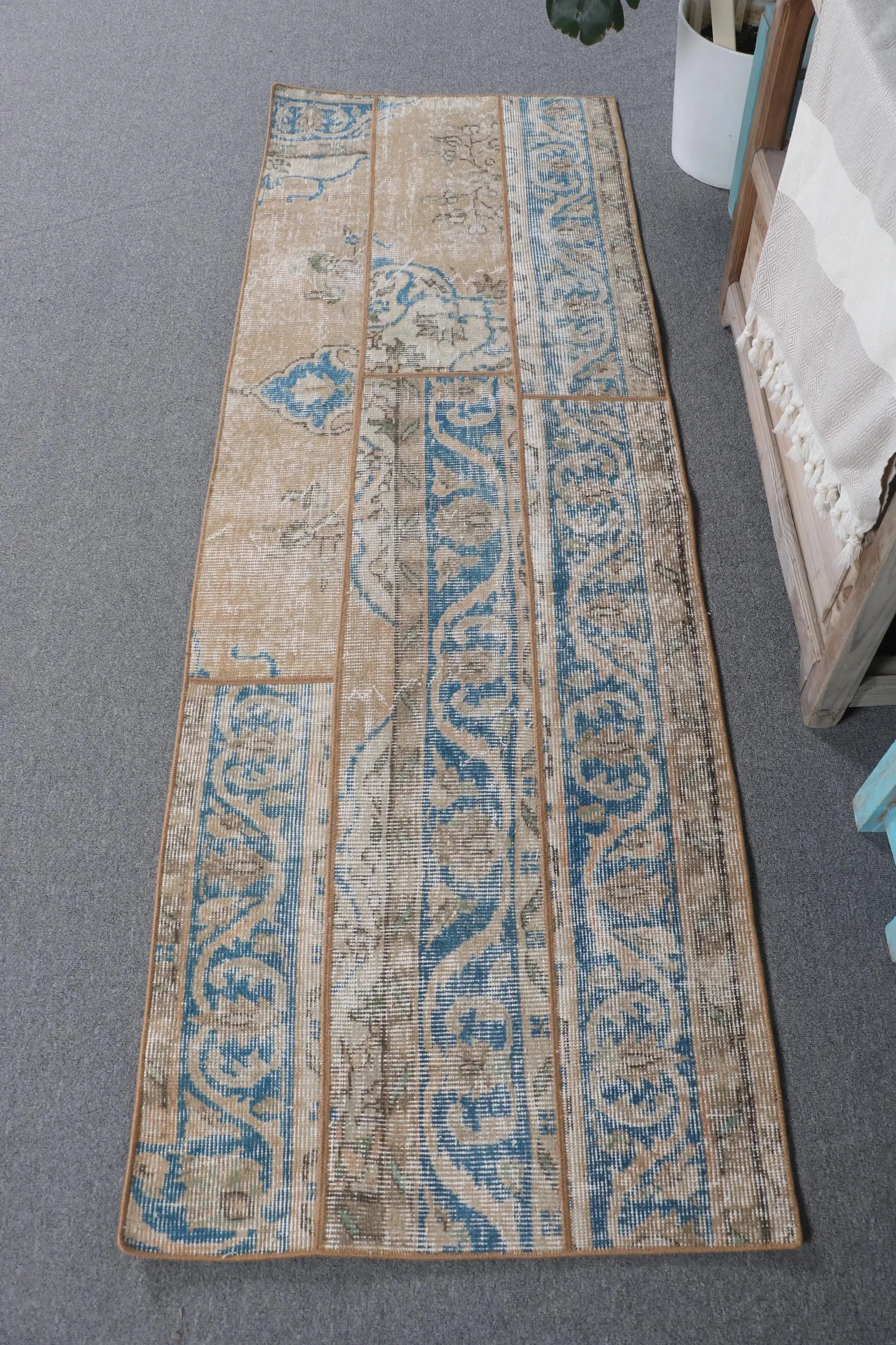 2.2x6.6 ft Turkish Vintage Rug, Runner Rug, Blue Brown Ombré Wool Rug - 1