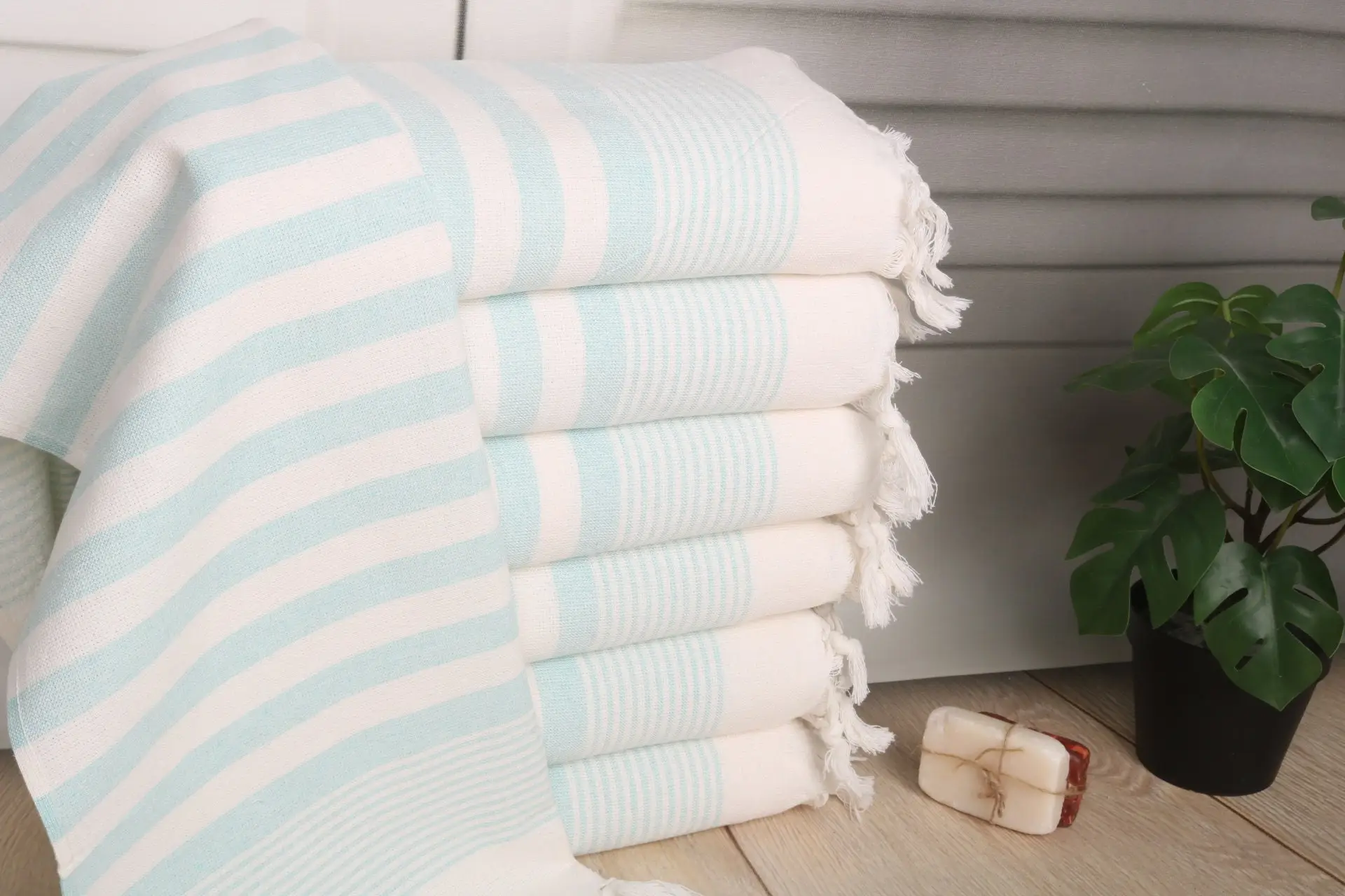 Small Bath Towel Water Green Cotton Hand Towel Striped Terry 18x36 Inches - 1